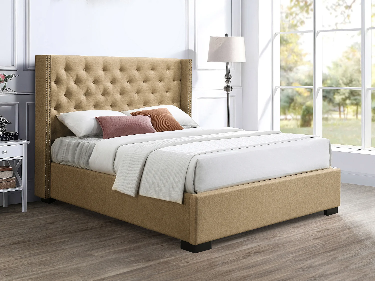 Bett mit Bettkasten mit gestepptem Kopfteil - 160 x 200 cm - Stoff - Beige - MASSIMO