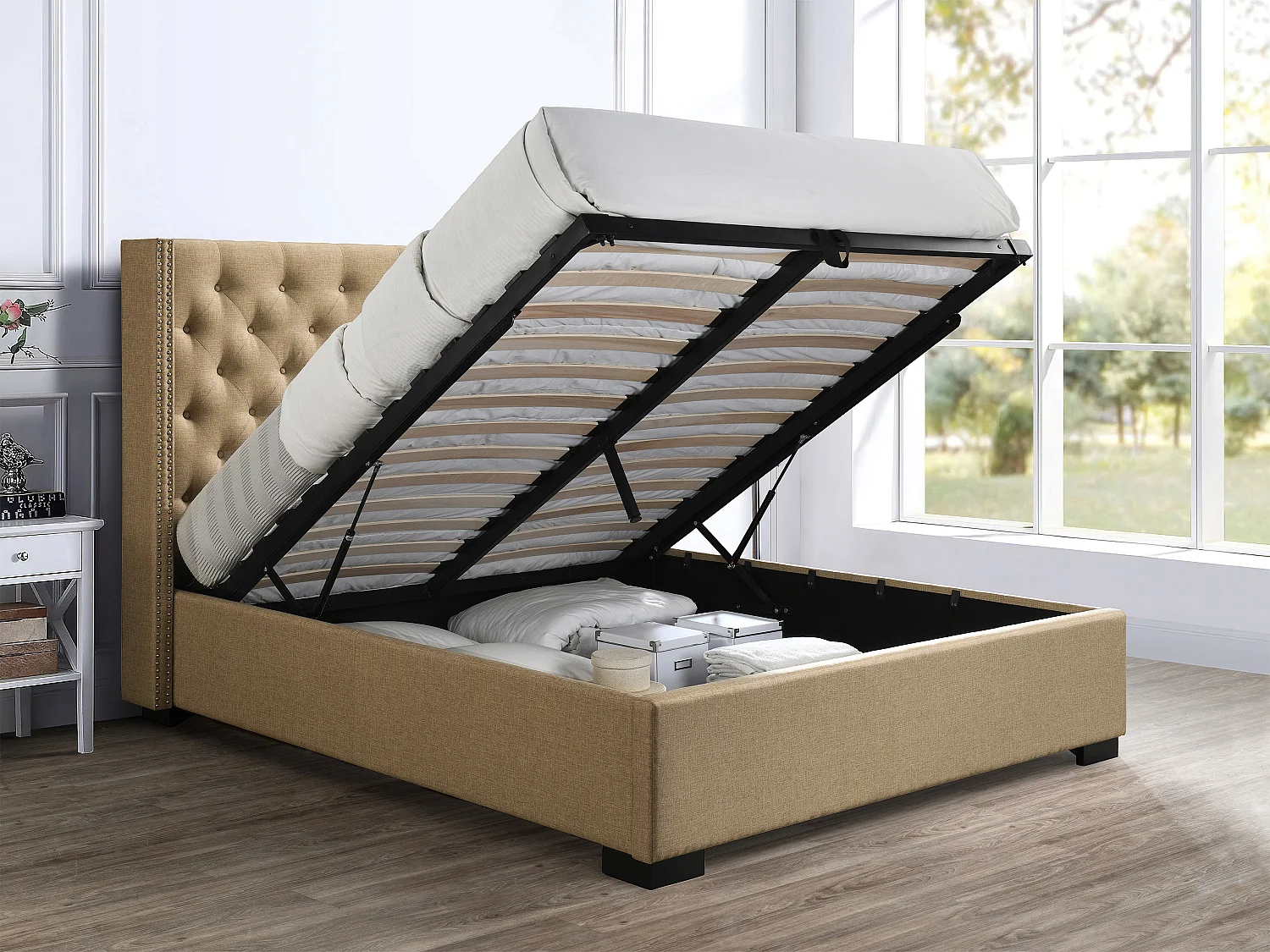 Bed met opbergruimte – 160 x 200 cm – Met gecapitonneerd hoofdbord – Stof – Beige - MASSIMO