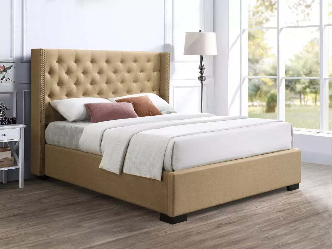 Kauf Unique Bett mit Bettkasten mit gestepptem Kopfteil - 160 x 200 cm - Stoff - Beige - MASSIMO