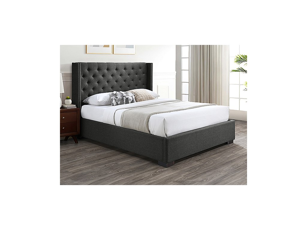Bett mit Bettkasten mit gestepptem Kopfteil - 160 x 200 cm - Stoff - Grau - MASSIMO