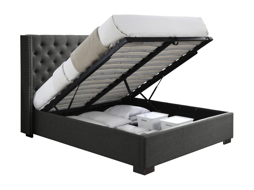 Lit coffre 160 x 200 cm avec tête de lit capitonnée - Tissu - Gris - MASSIMO