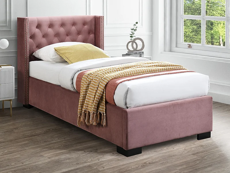 Lit coffre 90 x 200 cm avec tête de lit capitonnée - Velours - Rose - MASSIMO