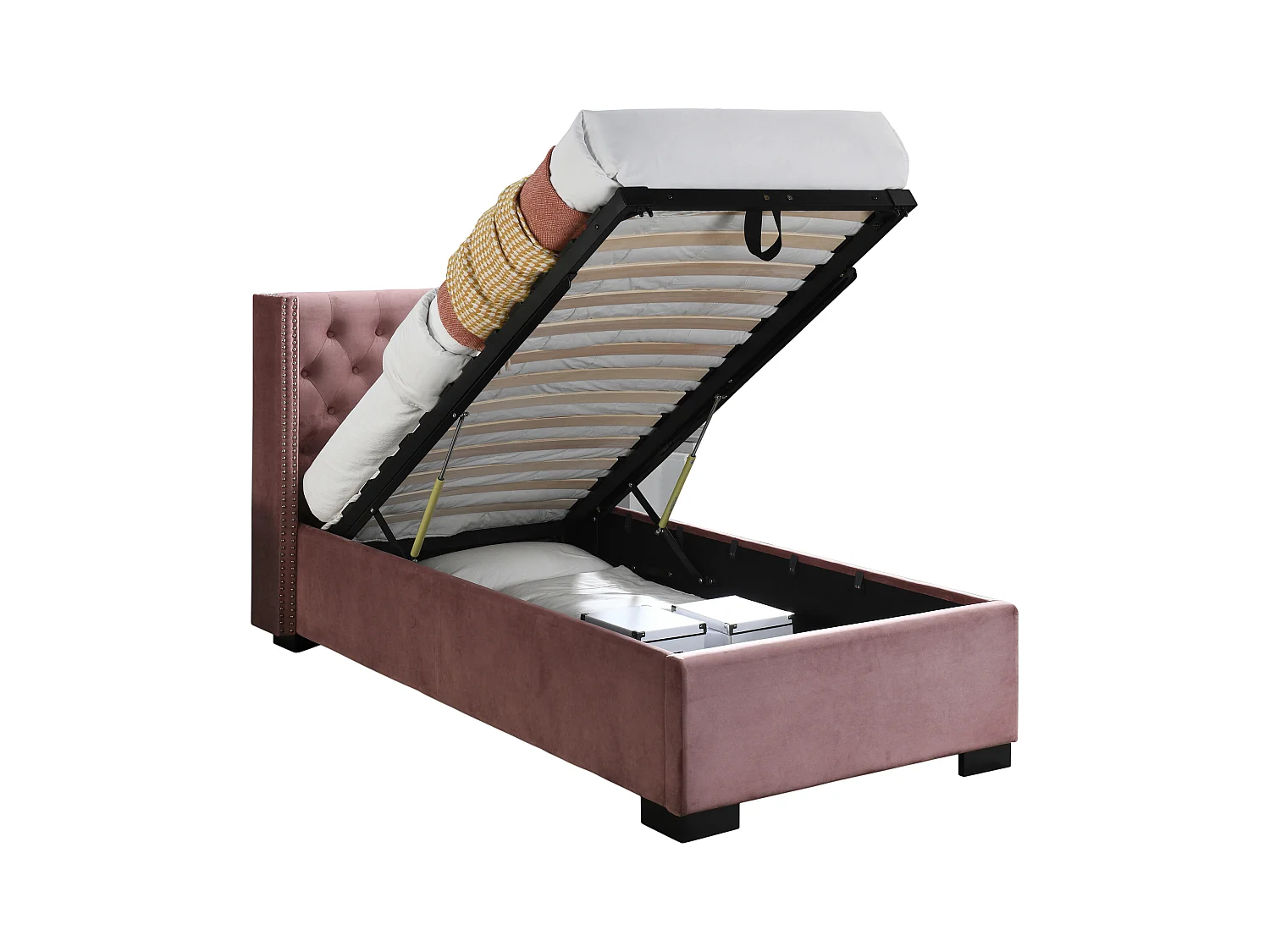 Bett mit Bettkasten - 90 x 200 cm - gestepptes Kopfteil - Stoff - Rosa - MASSIMO