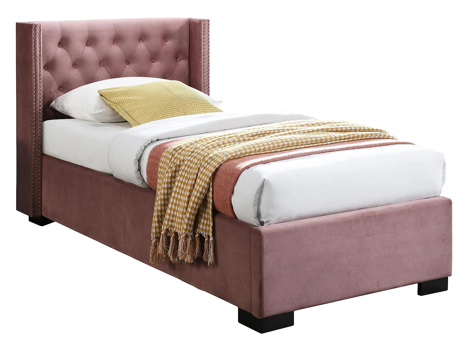 Bett mit Bettkasten - 90 x 200 cm - gestepptes Kopfteil - Stoff - Rosa - MASSIMO