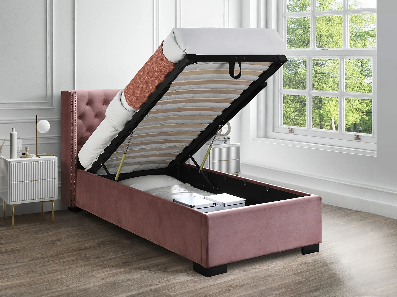 Letto con contenitore con Testata trapuntata - 90 x 200 cm - Velluto - Rosa - MASSIMO