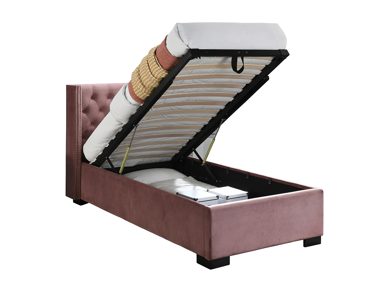 Lit coffre 90 x 200 cm avec tête de lit capitonnée - Velours - Rose - MASSIMO