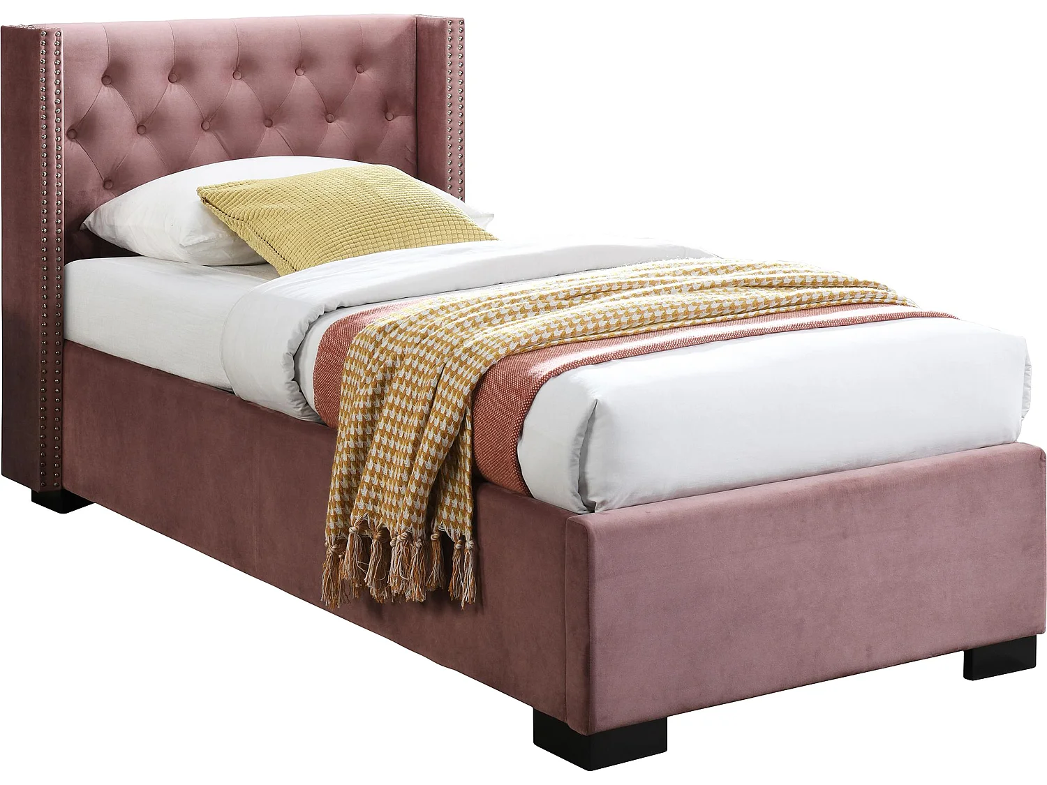 Lit coffre 90 x 200 cm avec tête de lit capitonnée - Velours - Rose - MASSIMO