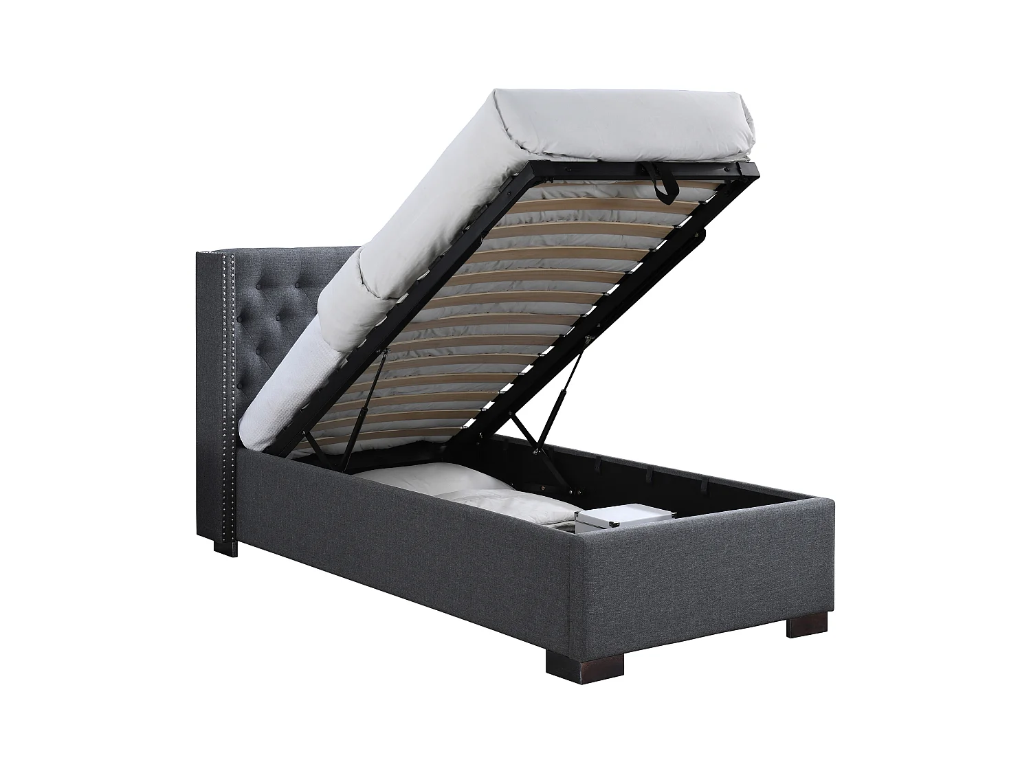 Lit coffre 90 x 200 cm avec tête de lit capitonnée - Tissu - Gris - MASSIMO