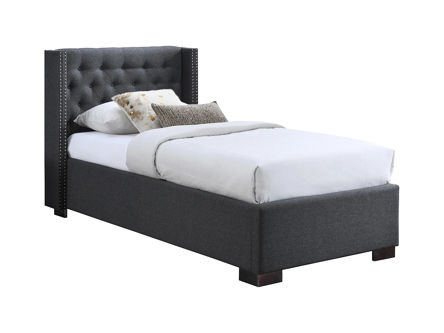 Lit coffre 90 x 200 cm avec tête de lit capitonnée - Tissu - Gris - MASSIMO