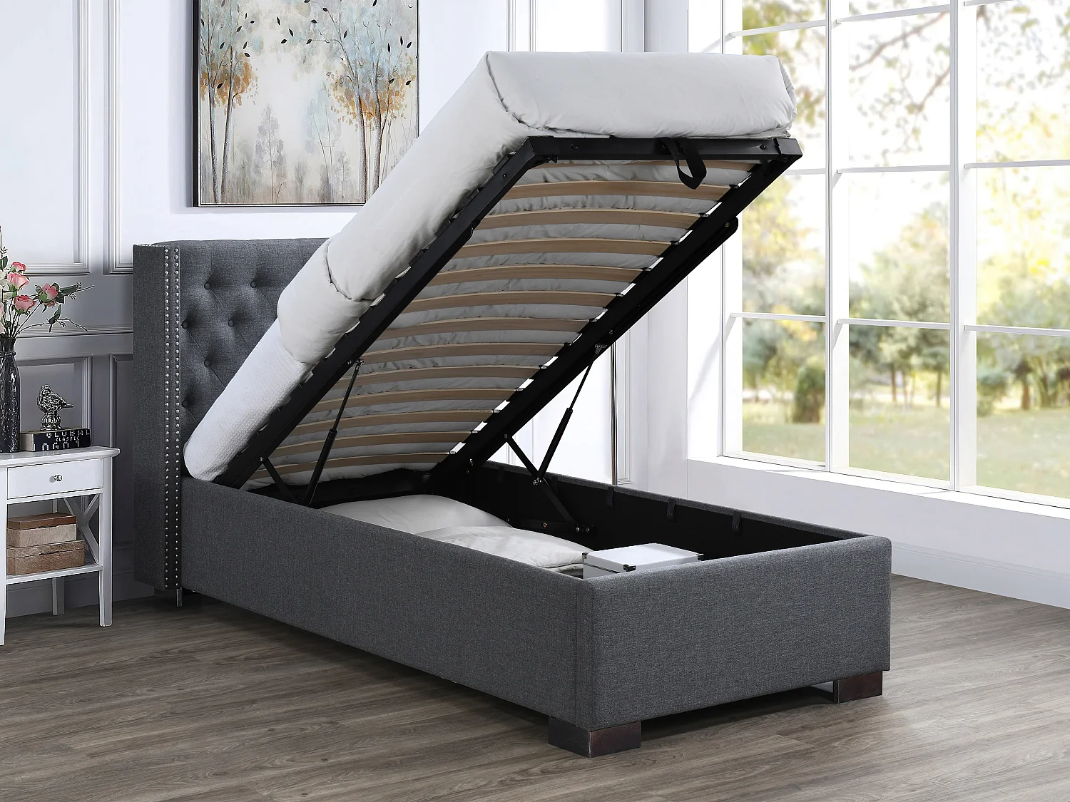 Bed met opbergruimte – 90 x 200 cm – Met gecapitonneerd hoofdbord – Stof – Grijs – MASSIMO