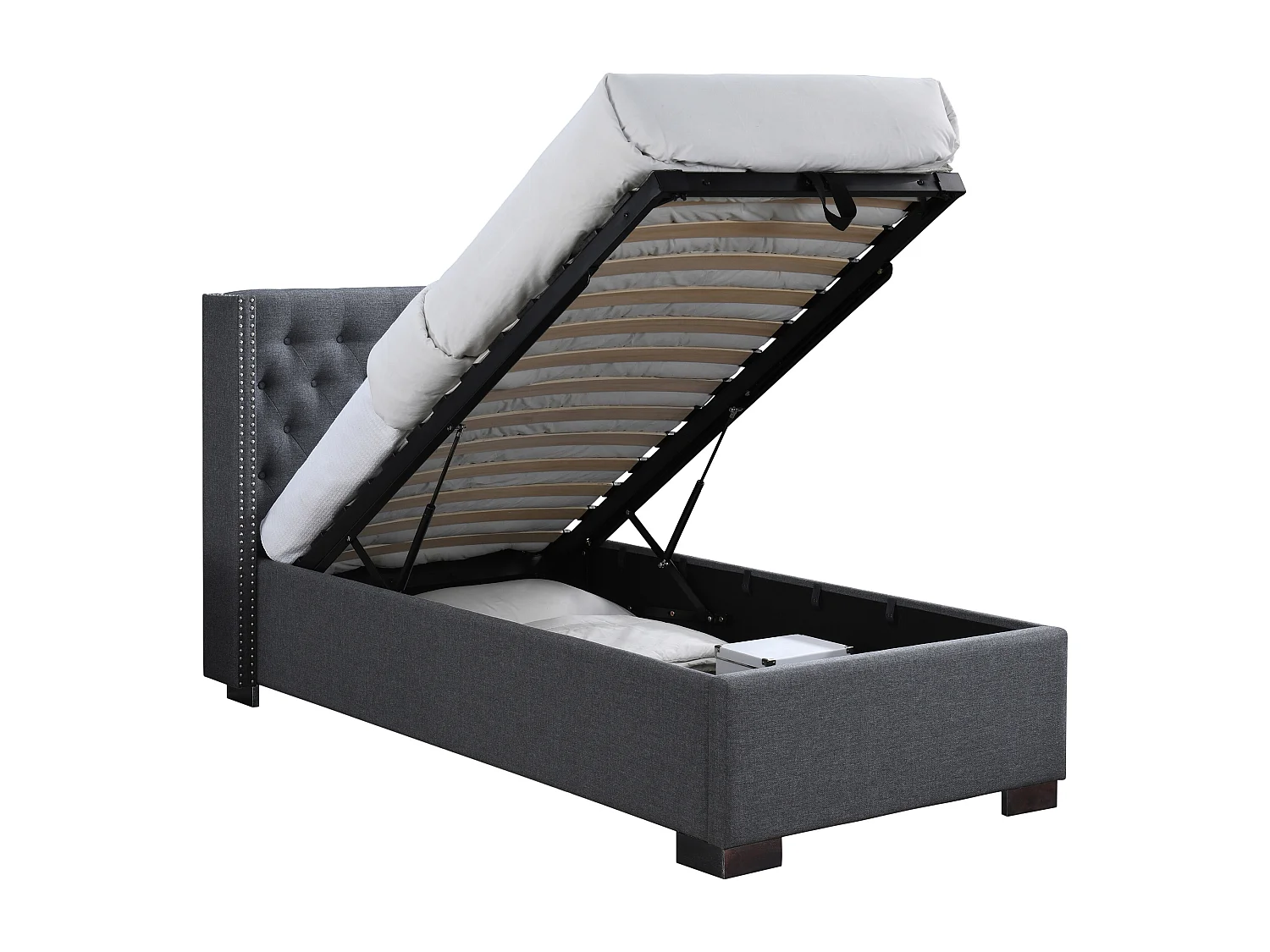 Lit coffre 90 x 200 cm avec tête de lit capitonnée - Tissu - Gris - MASSIMO