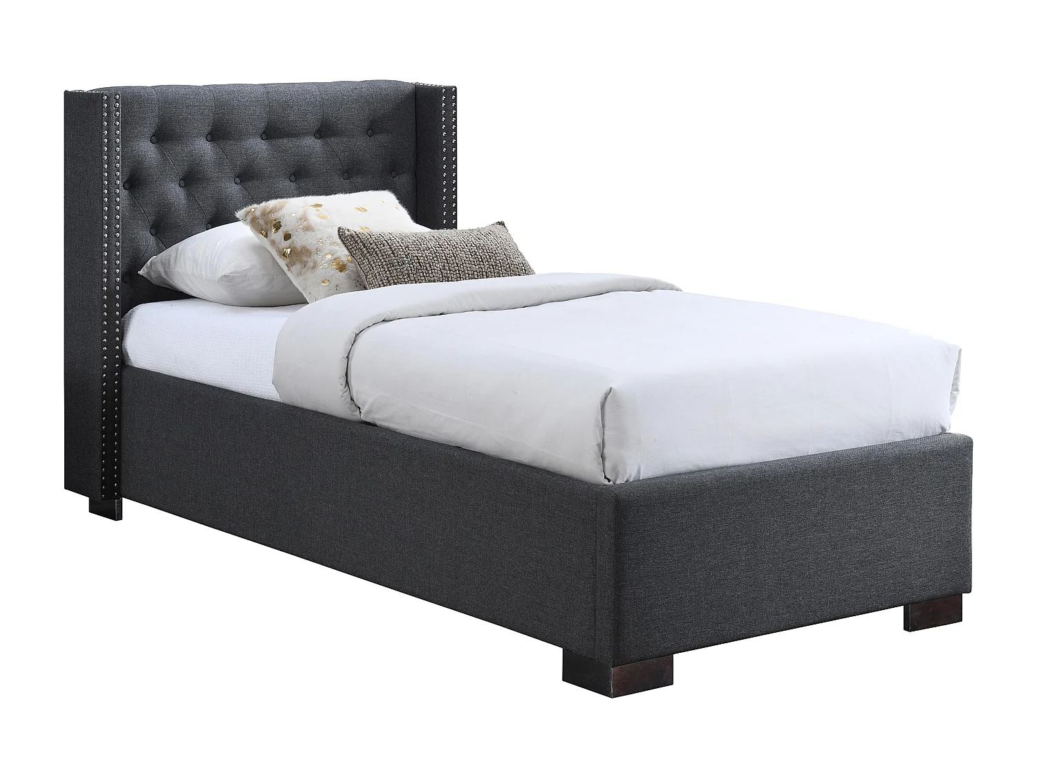 Lit coffre 90 x 200 cm avec tête de lit capitonnée - Tissu - Gris - MASSIMO