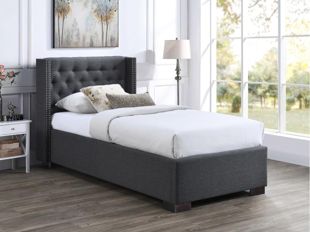 Lit coffre 90 x 200 cm avec tête de lit capitonnée - Tissu - Gris - MASSIMO