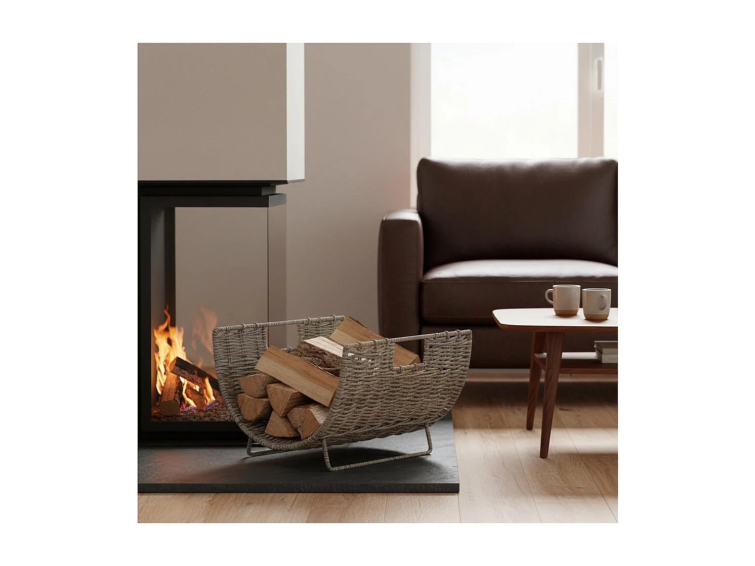 Holzkorb aus grauem Poelet-Rattan "Lune"