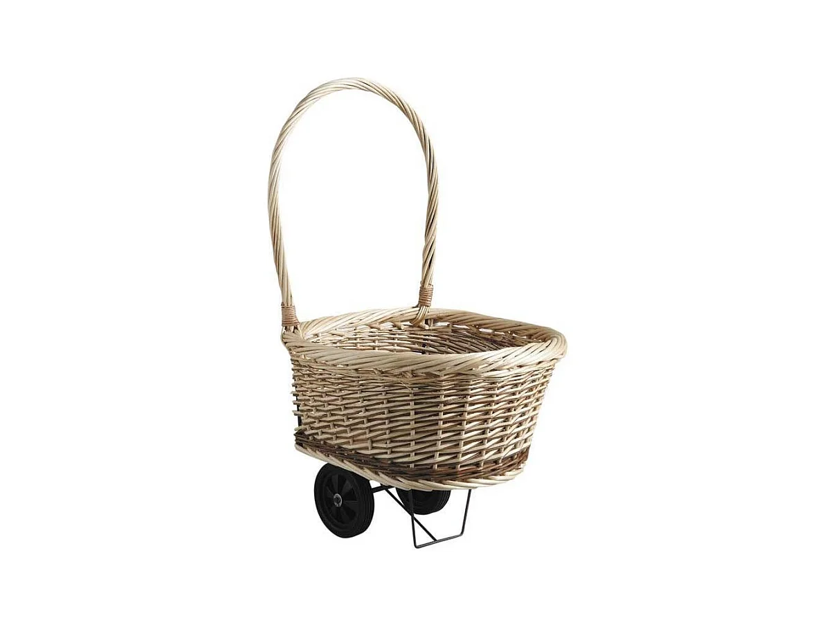 Chariot en osier brut et blanc sur roulettes