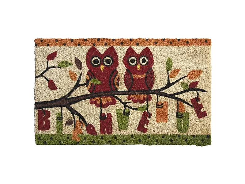 Paillasson en coco avec inscriptions 75 x 45 cm Hiboux bienvenue