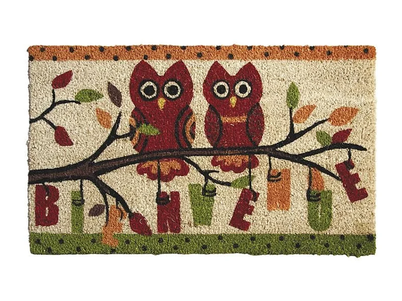 Paillasson en coco avec inscriptions 75 x 45 cm Hiboux bienvenue