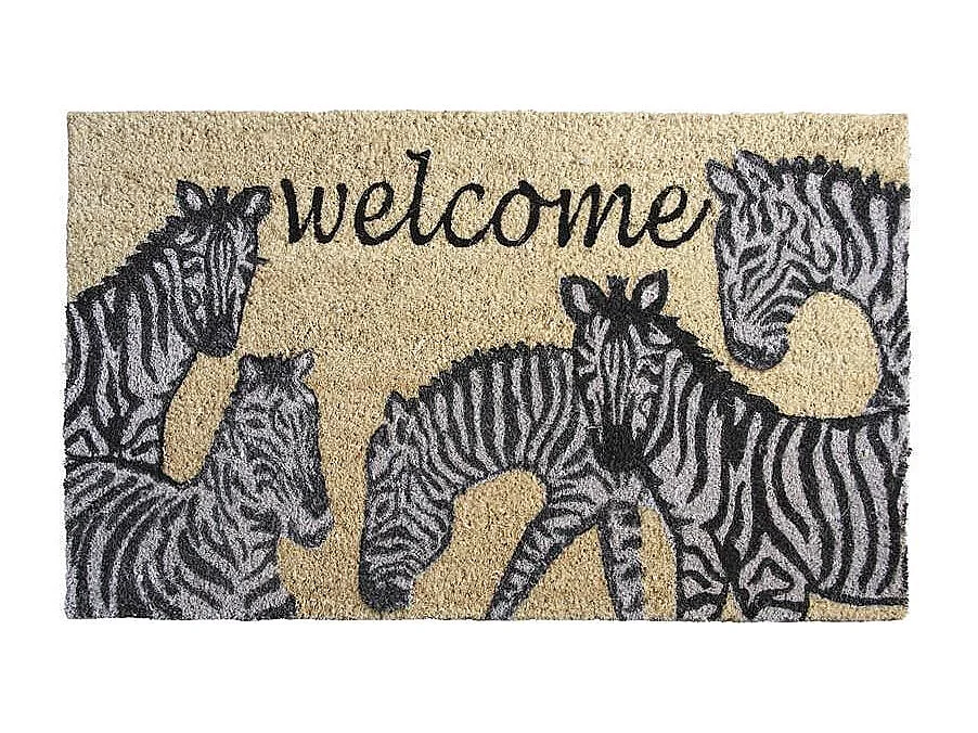 Paillasson en coco avec inscriptions 75 x 45 cm Zèbres welcome