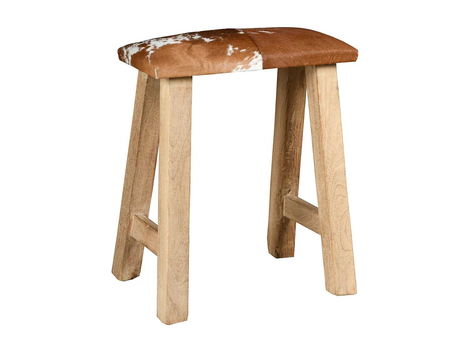 Tabouret rectangle en bois recyclé et peau de vache
