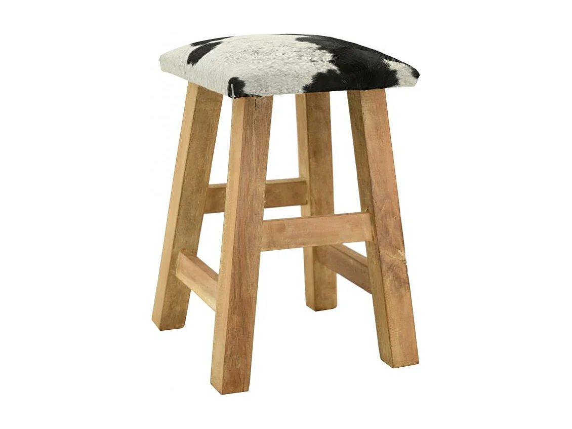 Tabouret rectangle en bois recyclé et peau de vache