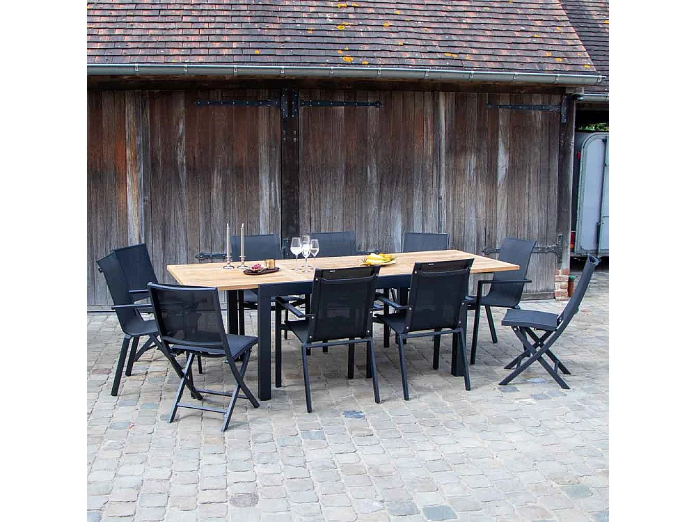 Ensemble BALITECK 6/10p en aluminium noir et plateau en Teck avec 6 fauteuils et 4 chaises pliantes en aluminium et textilène
