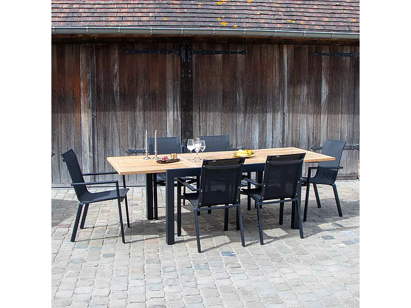 Ensemble BALITECK 6/10p en aluminium noir, plateau en Teck avec 6 fauteuils