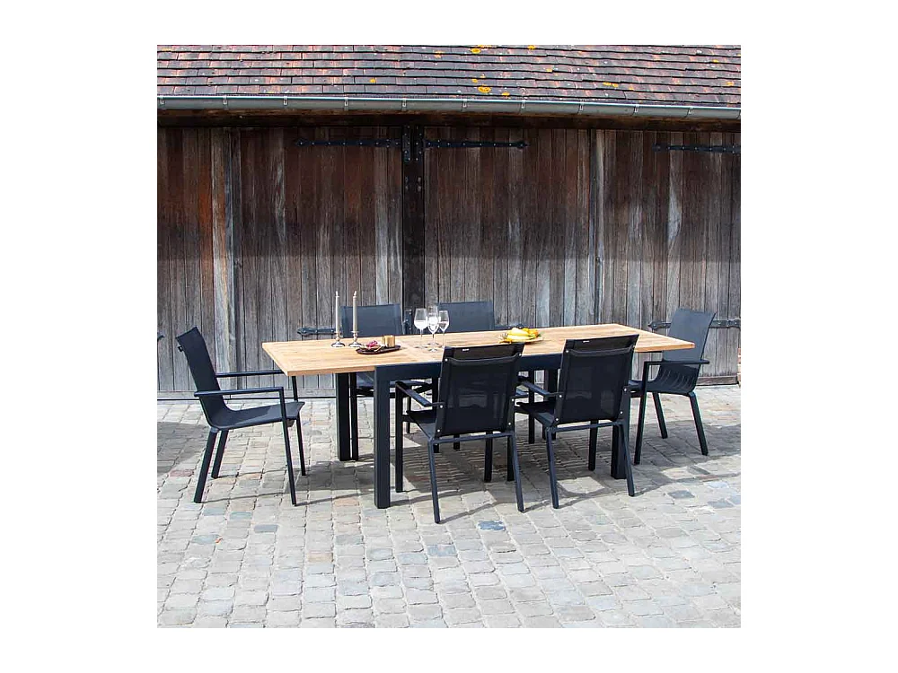 Ensemble BALITECK 6/10p en aluminium noir, plateau en Teck avec 6 fauteuils