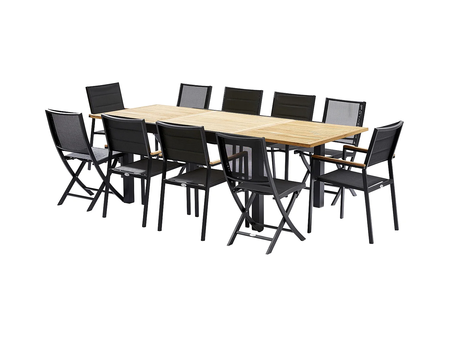 Ensemble BALITECK 6/10p en aluminium noir, plateau en Teck avec 6 fauteuils