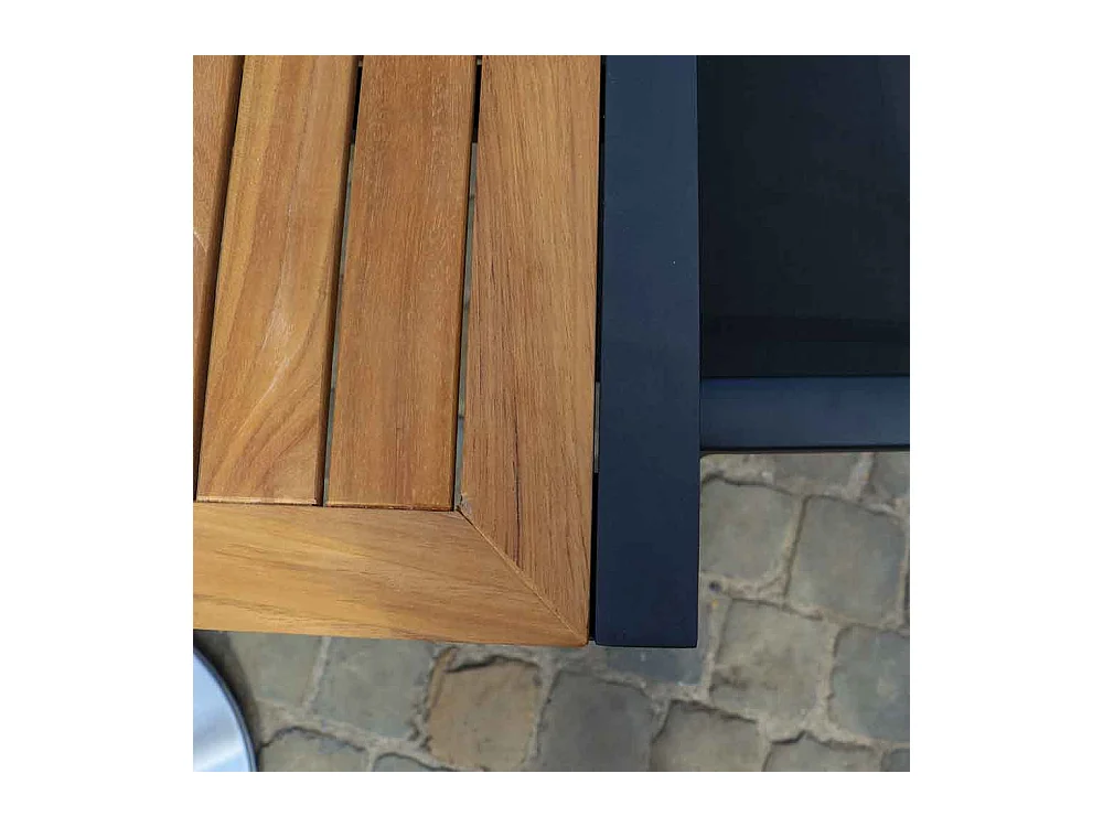 Ensemble BALITECK 6/10p en aluminium noir, plateau en Teck avec 6 fauteuils