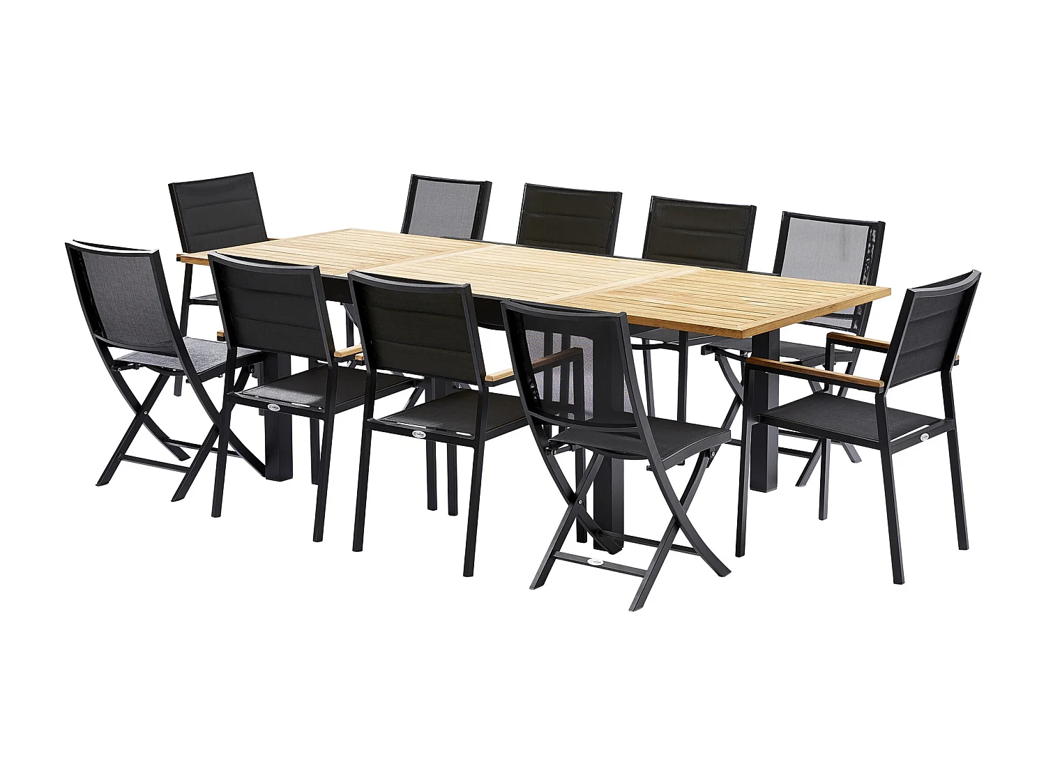 Ensemble BALITECK 6/10p en aluminium noir, plateau en Teck avec 6 fauteuils