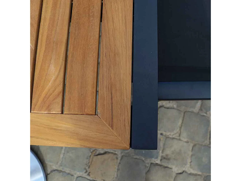 Ensemble BALITECK 6/10p en aluminium noir, plateau en Teck avec 6 fauteuils