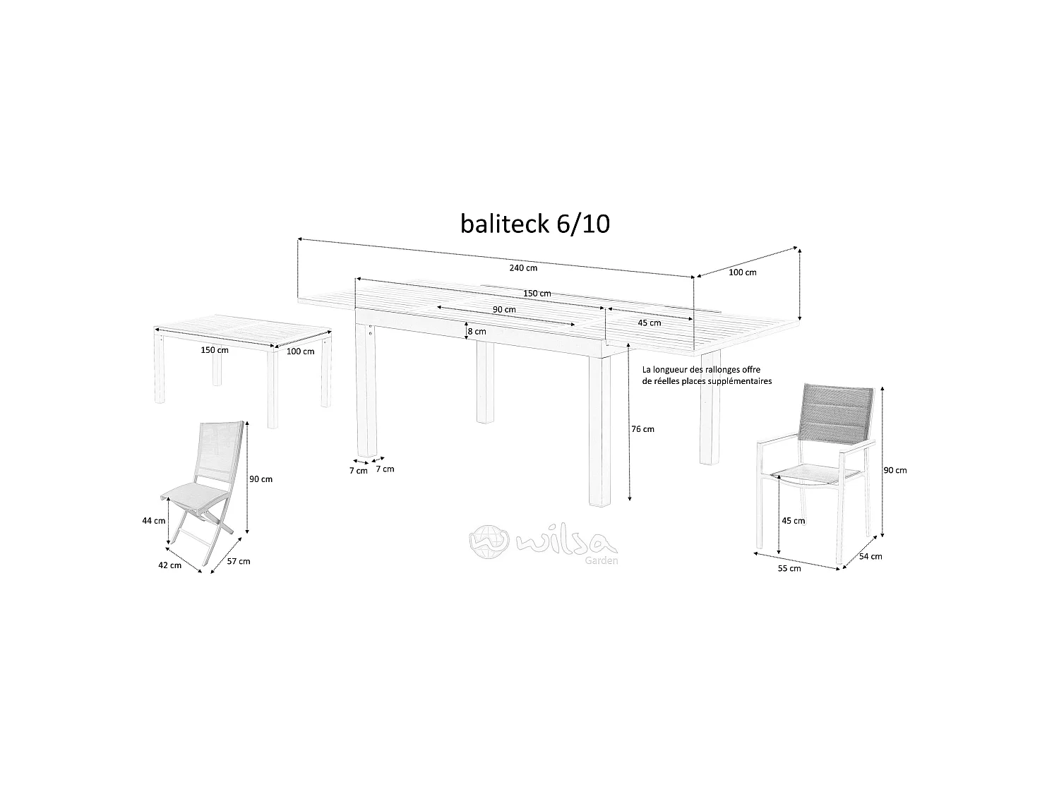Ensemble de jardin aluminium et teck noir extensible 6/10P BALITECK