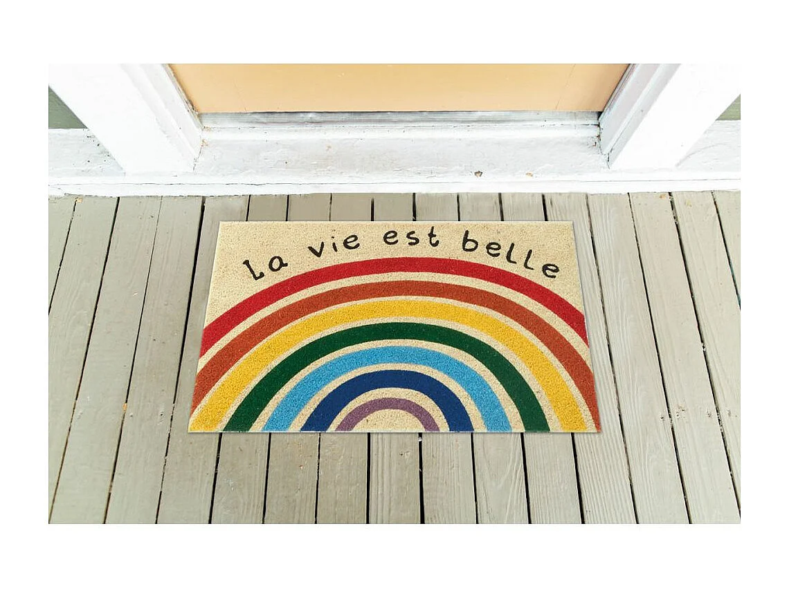 Paillasson en coco avec inscriptions 75 x 45 cm Arc en ciel la vie est belle