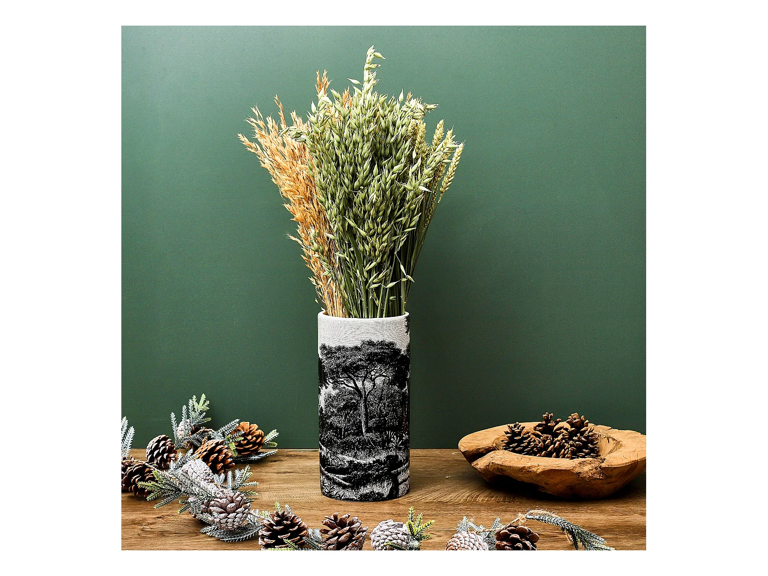 Vase Ceramique Cylindre Black Forest H25cm Noir, Blanc