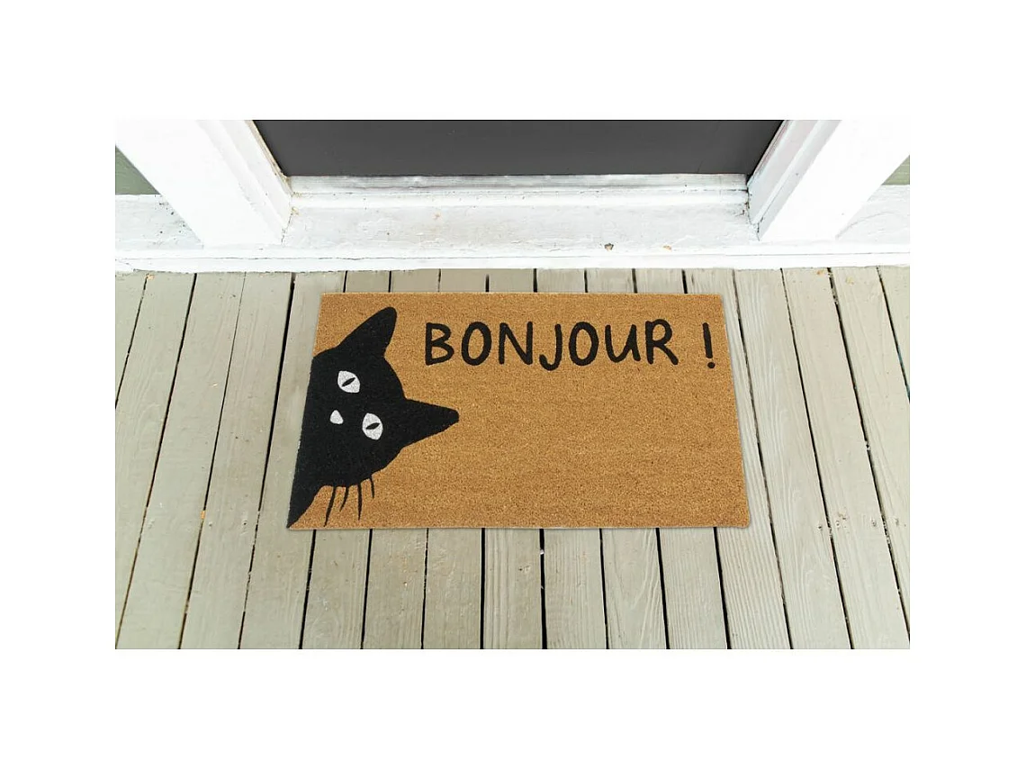 Paillasson coco intérieur extérieur 75 x 45 cm Chat bonjour