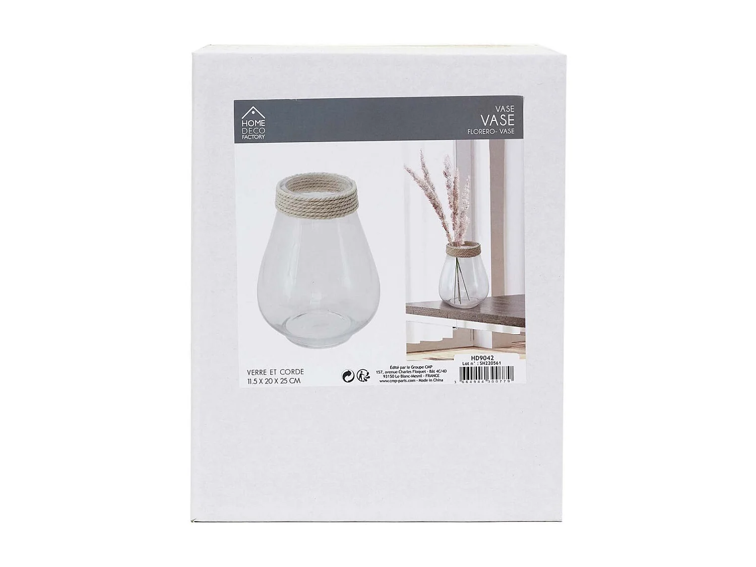 Vase Verre Avec Cordage 25cm Transparent, Beige