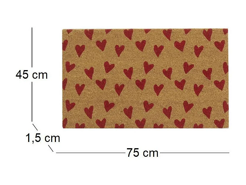 Paillasson coco intérieur extérieur 75 x 45 cm Coeurs imprimés rouges