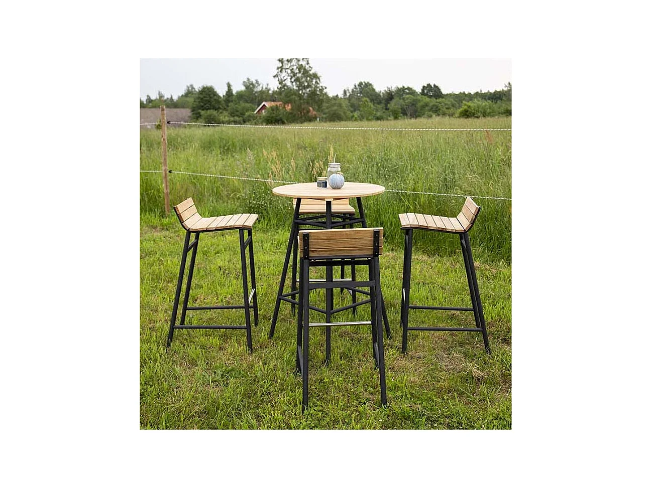 Ensemble de jardin table haute et 4 tabourets en alu et acacia Mexico