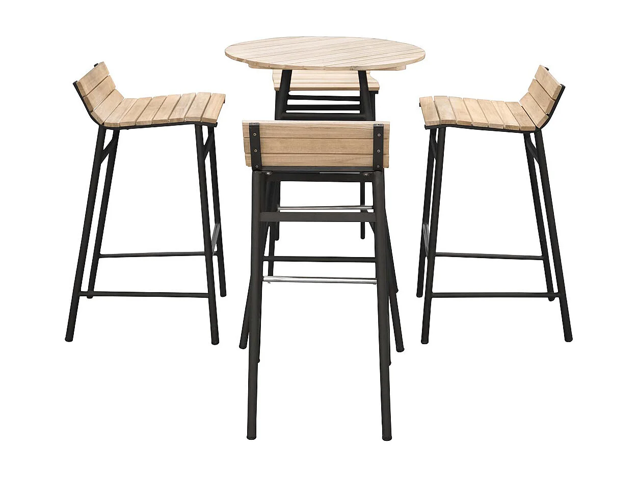 Ensemble de jardin table haute et 4 tabourets en alu et acacia Mexico