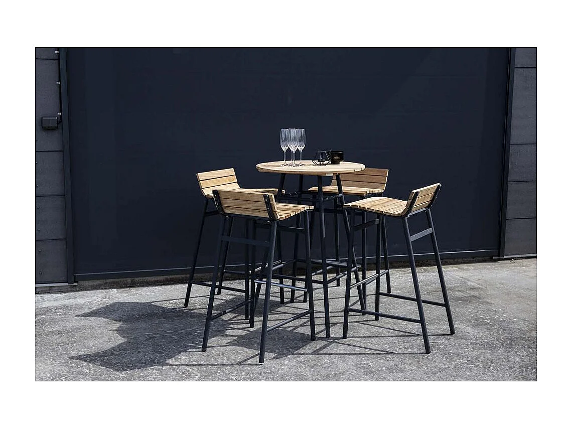 Ensemble de jardin table haute et 4 tabourets en alu et acacia Mexico