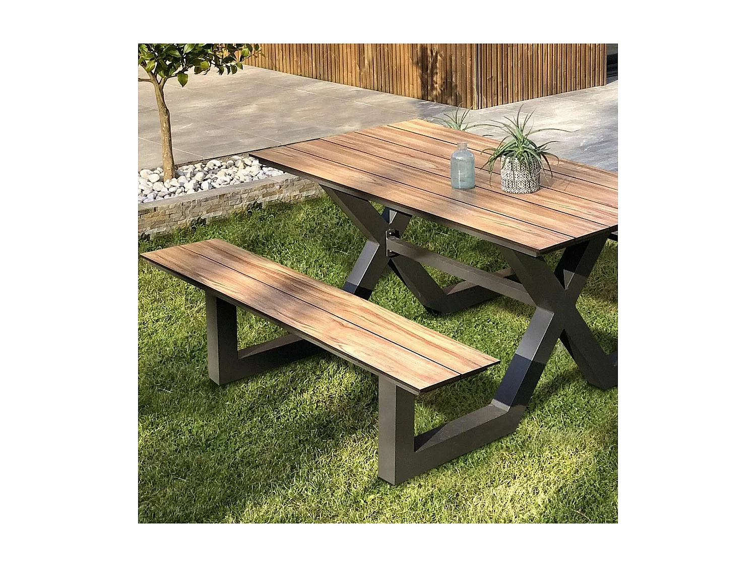 Table de Jardin & 2 Bancs "Vancouver" 150cm Gris Anthracite