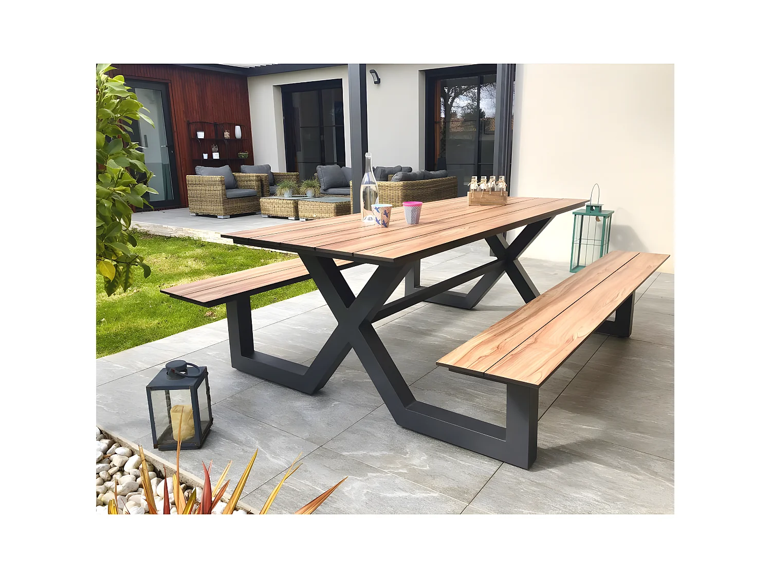 Table de Jardin & 2 Bancs "Vancouver" 210cm Gris Anthracite