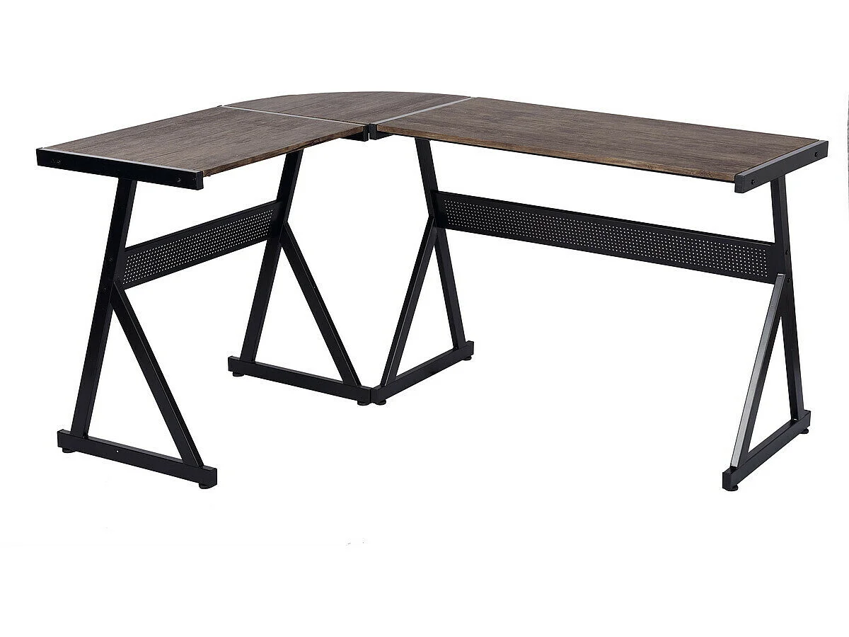 URBAN MEUBLE Mesa de esquina industrial en forma de L con tapa de MDF marrón y patas de metal negro