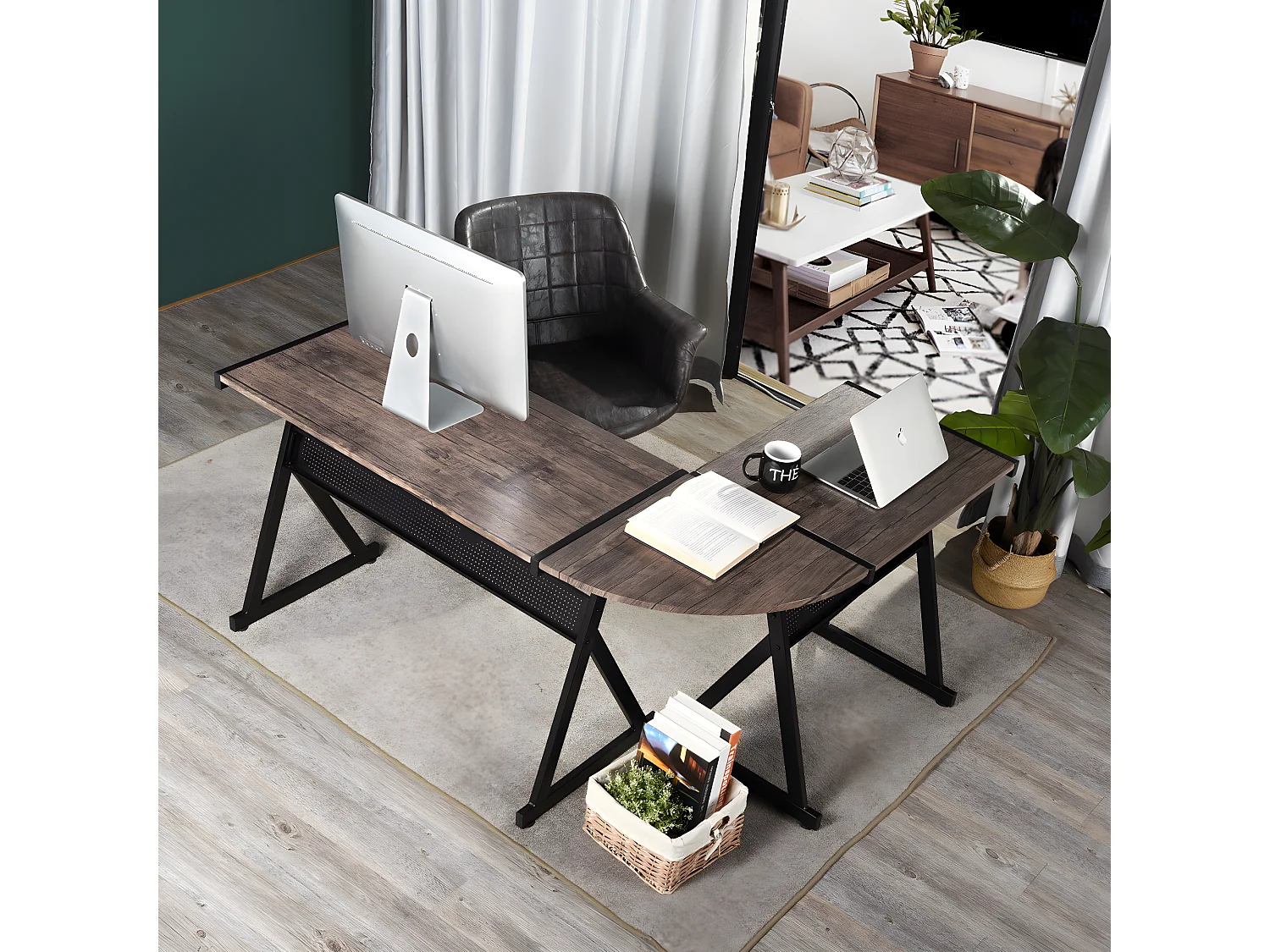 URBAN MEUBLE Mesa de esquina industrial en forma de L con tapa de MDF marrón y patas de metal negro