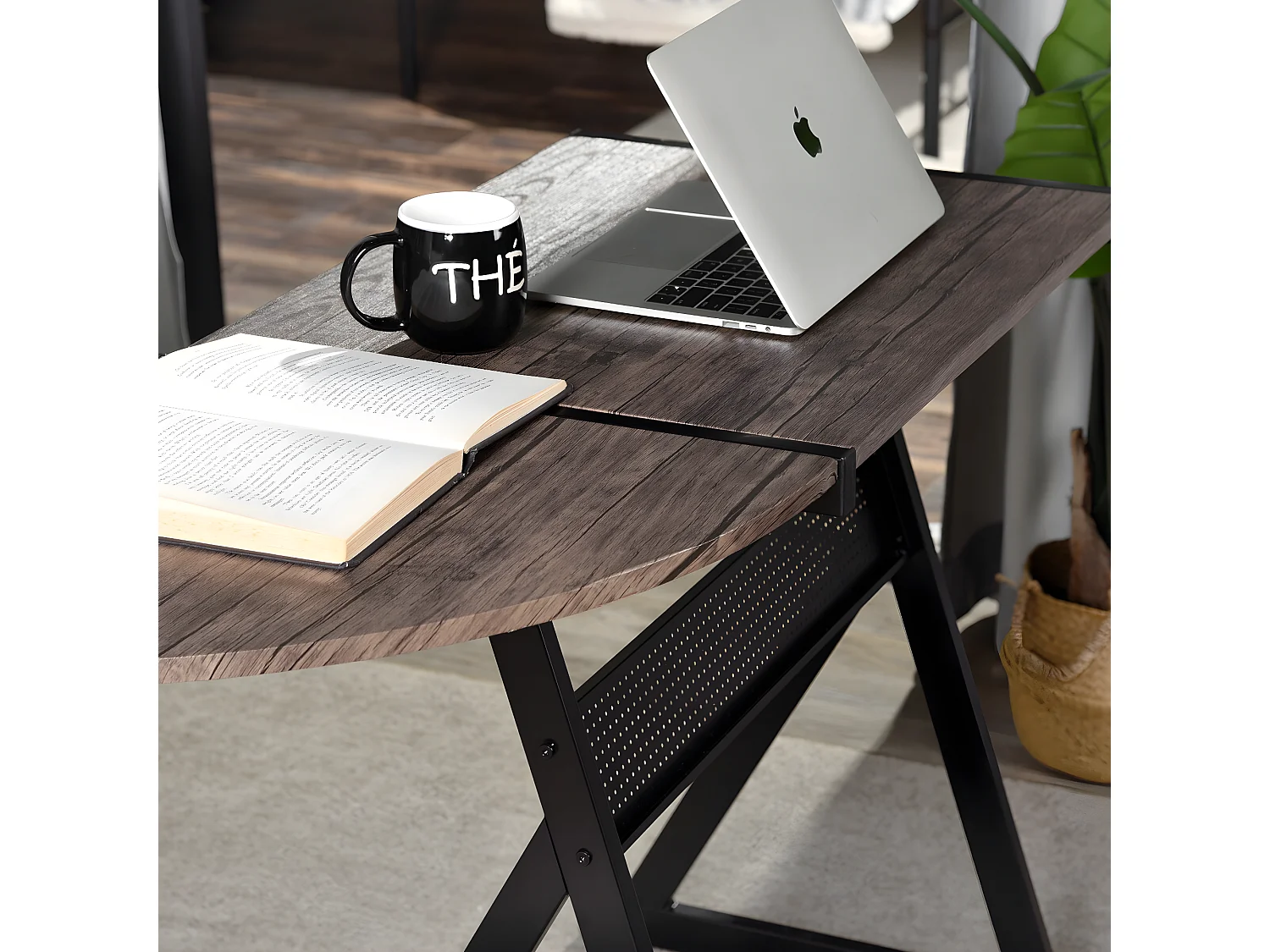 URBAN MEUBLE Mesa de esquina industrial en forma de L con tapa de MDF marrón y patas de metal negro