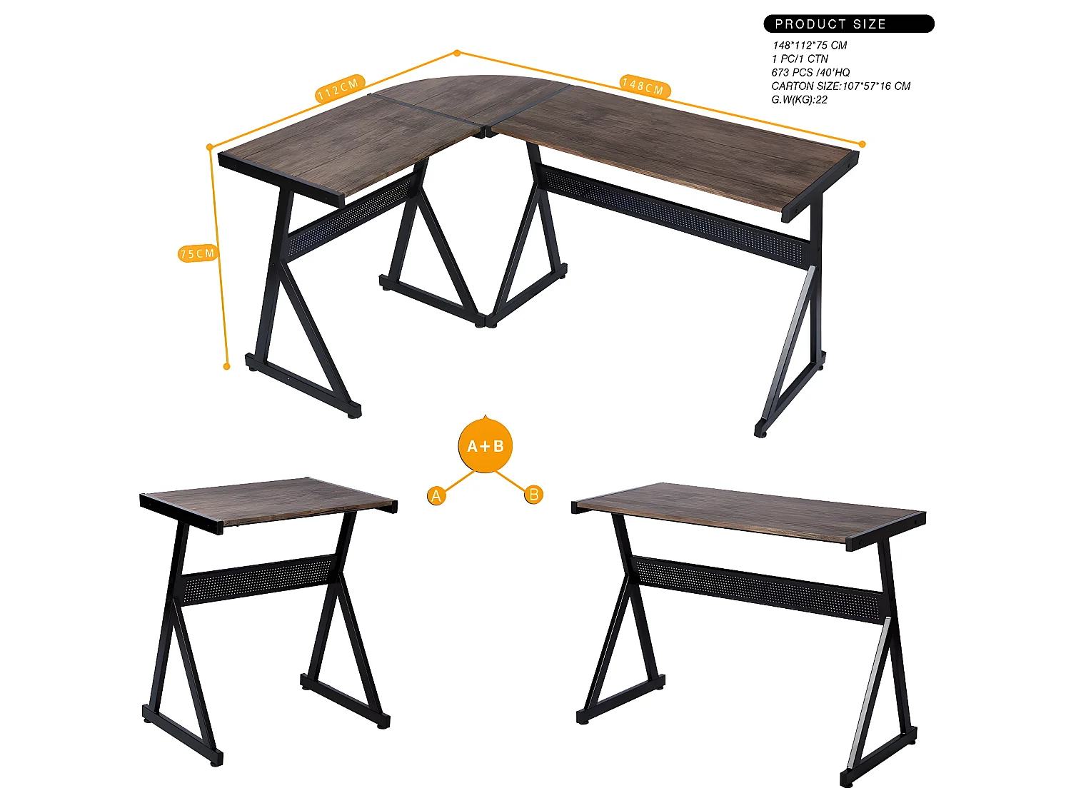 URBAN MEUBLE Mesa de esquina industrial en forma de L con tapa de MDF marrón y patas de metal negro