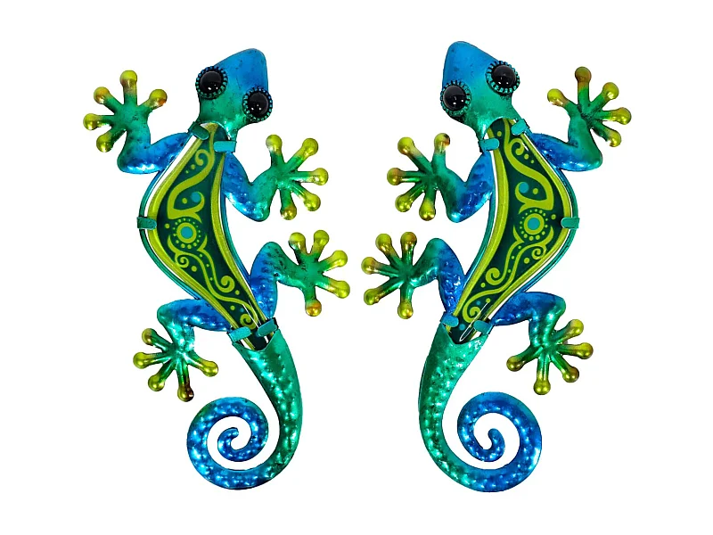 Gecko dekorative Metall und Glas grün und blau Kreis (2er Set)