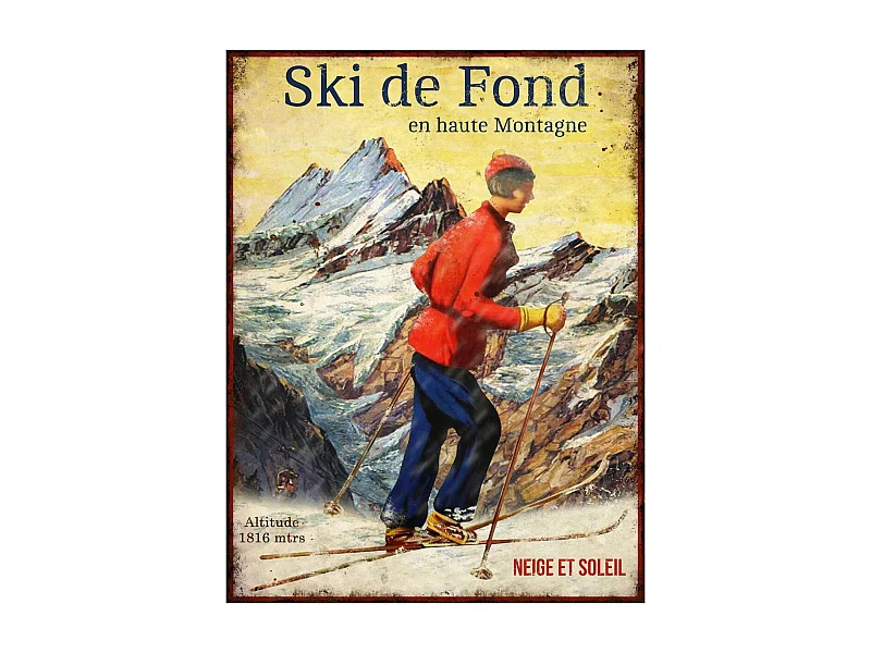 Plaque vintage sports d'hiver en métal 25 x 33 cm Ski de fond