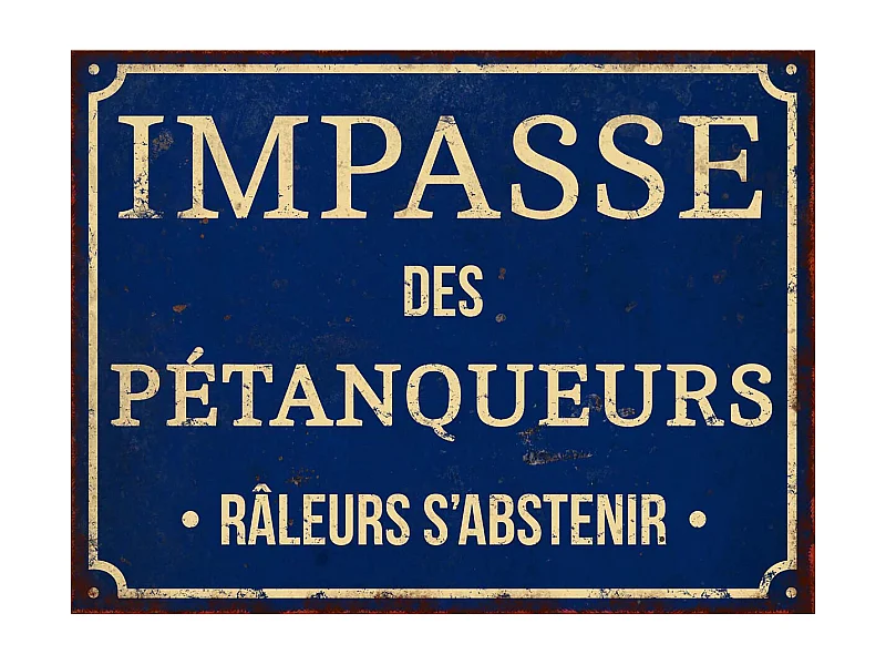 Plaque décorative en métal humour 33 x 25 cm Impasse des pétanqueurs