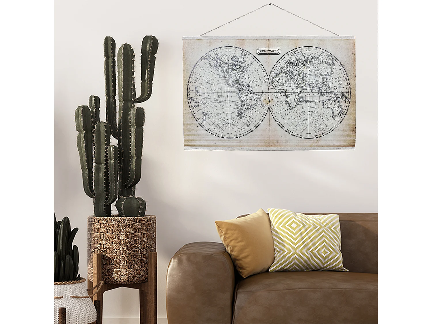 Mappemonde Murale En Textile Noir, Marron